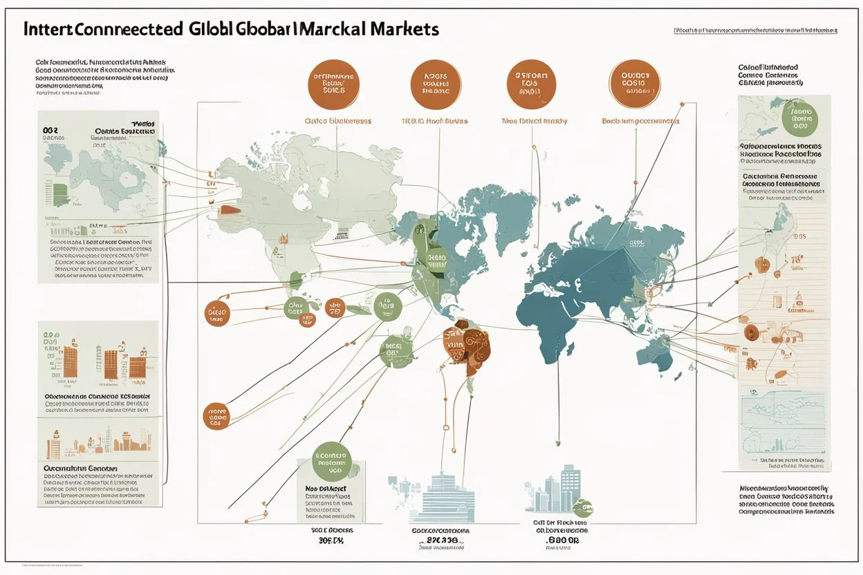 An infographic showing the interconnectedness of global financial markets, including stock exchanges, commodity markets, and bond markets.