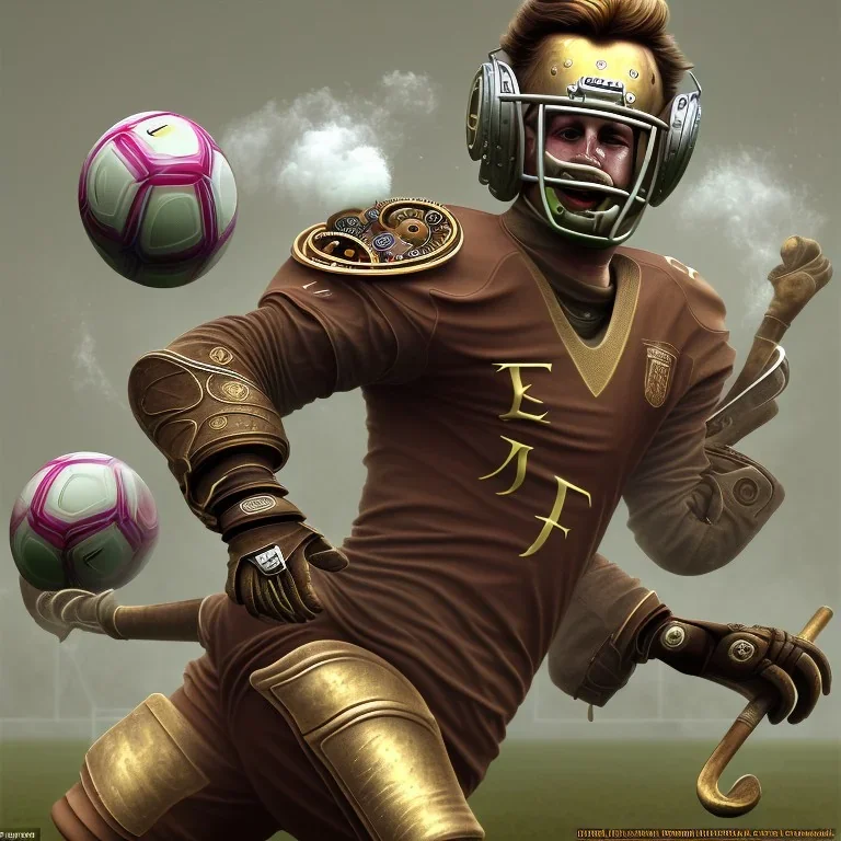 Joueur de football steam punk tire un penalty. Le gardien de but est le diable.