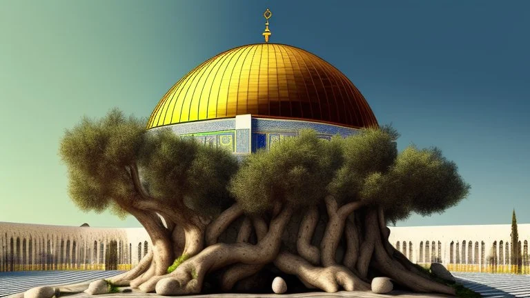 the dome of rock with roots of olive tree