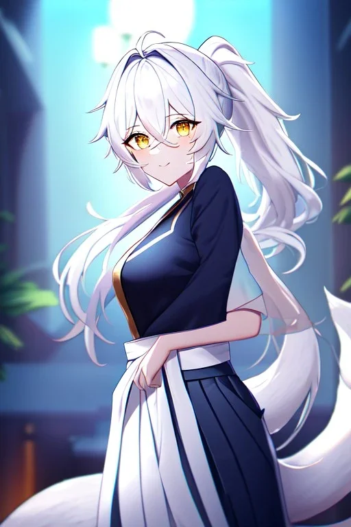 fox girl, masterpiece, best quality, cinematic lighting, detailed outfit, vibrant colors, perfect eyes, golden eyes, long hair, white hair, messy hair, hair between eyes, depth of field, ray tracing, ponytail, hakama, tail,