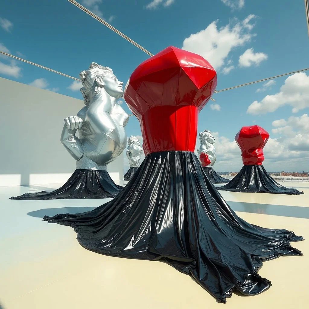 Fotografia di una installazione artisitca. Su una superficie piatta di colore azzurro chiaro e giallo pastello, all'interno di una stanza di immensa, si ergono alcuni gigantesche immense enormi strutture di forma indefinita, fatte di materiali vari, ricoperte da materiale plastico argentato, rosso, e nero, che scende a terra. Max Ernst, Amano, Yves Tanguy, Piet Mondrian, James Ensor, paranoic, obsessive, eccessivo, aria aperta, sole, nuvole, glossy, surreal, hasselblad h6d400c --ar 85:128 --v 6