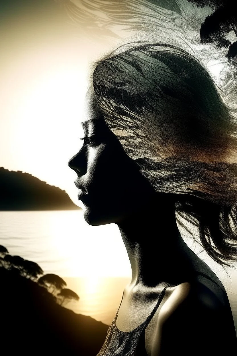 high quality, 8K Ultra HD, A beautiful double exposure that combines an goddess silhouette with sunset coast, sunset coast should serve as the underlying backdrop, with its details incorporated into the goddess , crisp lines, The background is monochrome, sharp focus, double exposure, by yukisakura, awesome full color,