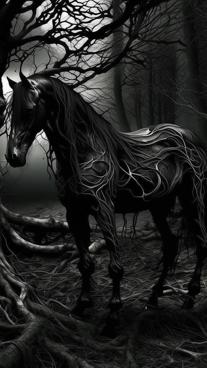 black vein, human veins, mixing together a lot of them, like a forest, big and small veins a lot of them, a on black horse
