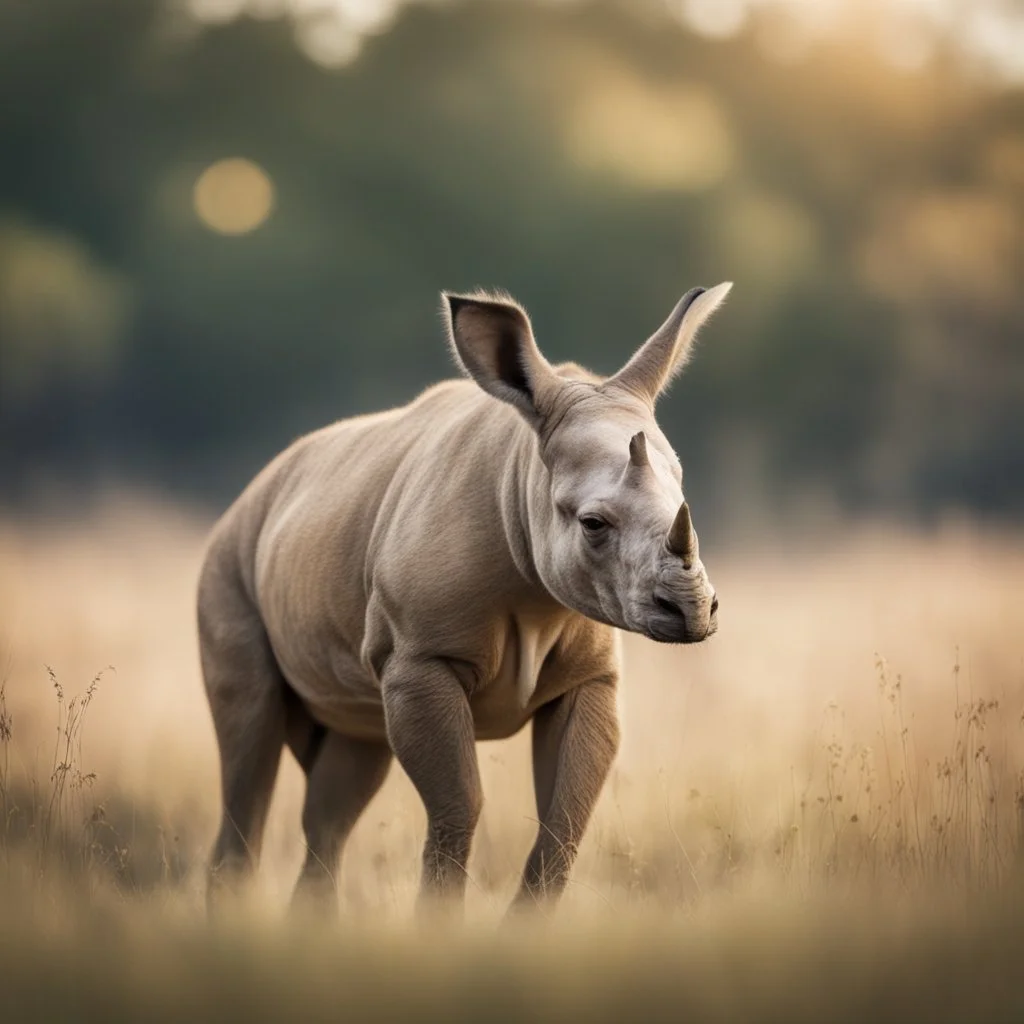 kangaroo rhino with big white jagged horn on its nose, standing on two legs in long grass ,bokeh like f/0.8, tilt-shift lens 8k,*-