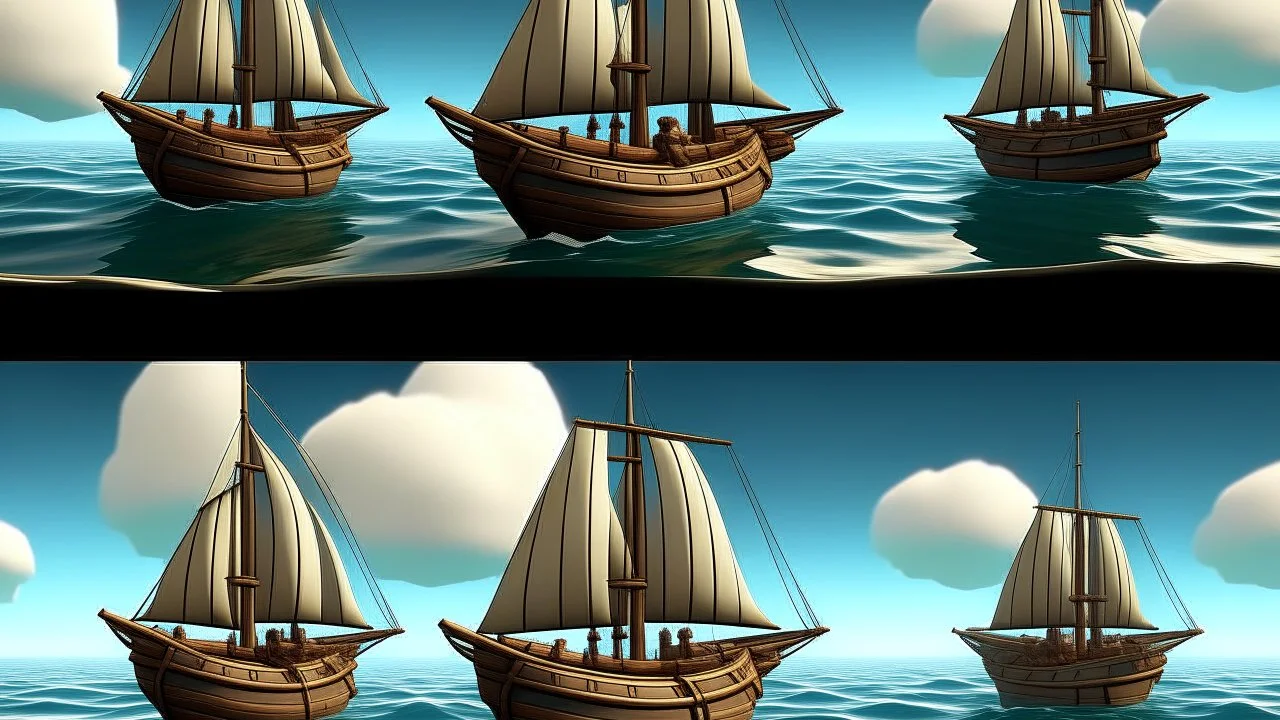 **Game UI: Boat Sailing** * **Layout:** Split screen (top 3/4: game world, bottom 1/4: controls) * **Game World:** Stylized sailboat (single mast, billowing sail), ocean environment (waves, horizon), optional obstacles. Subtle wind direction indicator. * **Controls:** * Rudder Crank Wheel (large wooden wheel) * Two ropes on sail (Mainbrace): Left rope pulls (incr