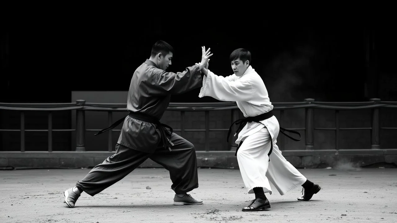 A black and white scene of two wushu practitioners fighting.