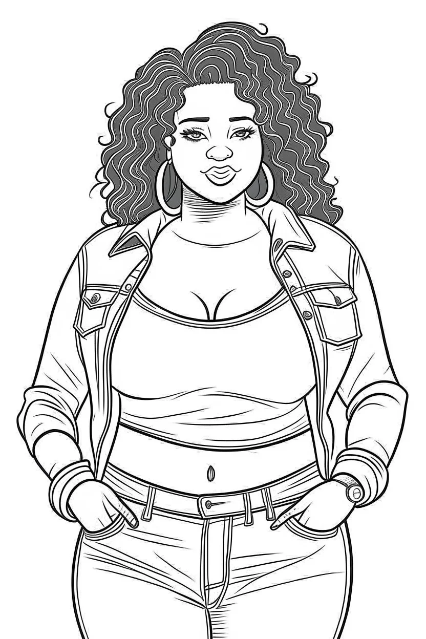 black curvy woman wearing jeans, eyes front camera coloring page