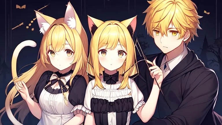 Girl, yellow hair, cat ears, cat tail, bow and arrow in hand, dark forest, boy, boy has bunny ears