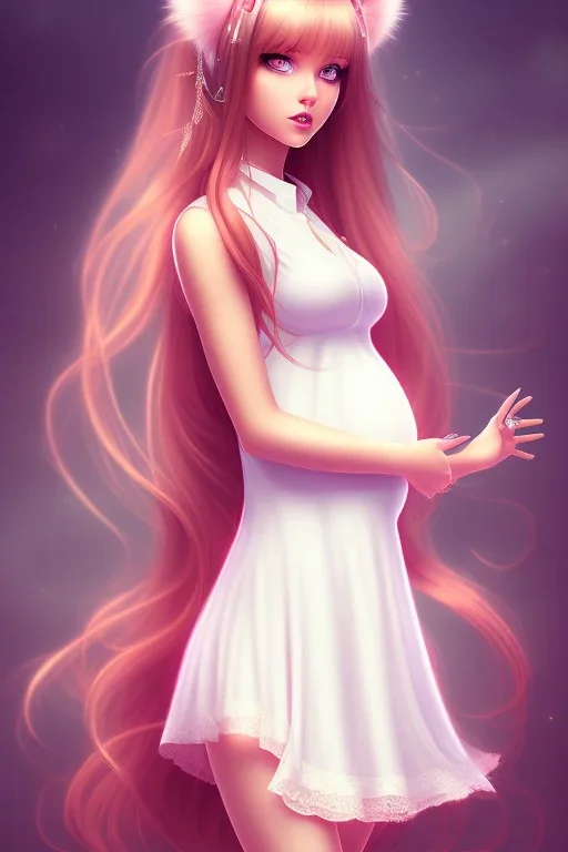 girl, cute, beautiful, pregnant, dress, long hair, brown hair, anime