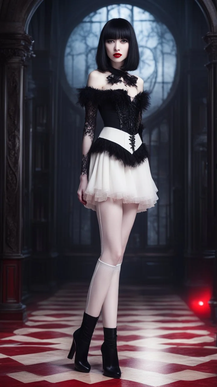 Full-body shot, of slender, pale goth woman, long legs, standing braced, straight, dark bob hair with bangs, fair skin, red lips, and white stockings and stilettos, fantasy background