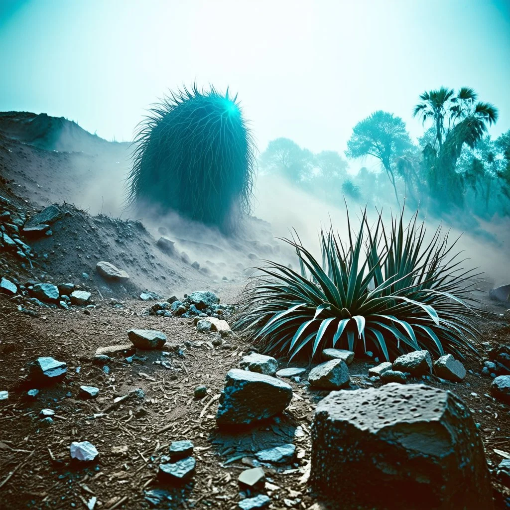 A striking quality Kodak photograph captures a wasteland with monsters and group of plants, creepy, details of the dust very accentuated, glossy organic mass, adorned with minerals and rocks. Bathed in intense light, eerie, Max Ernst style, blue sun, fog