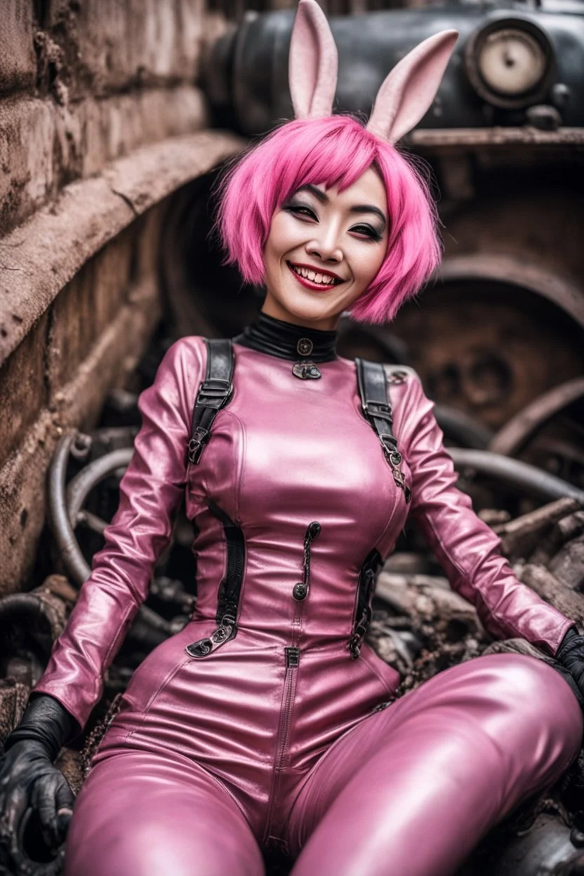 Closeup Goth Asian woman smiling, lying pose, rabbit mask, pink short hair, latex suit, ragged clothes, fullbody, dieselpunk, valves and old cars behind, the perspective looking up from the bottom of an empty well , 8k,macro photography,