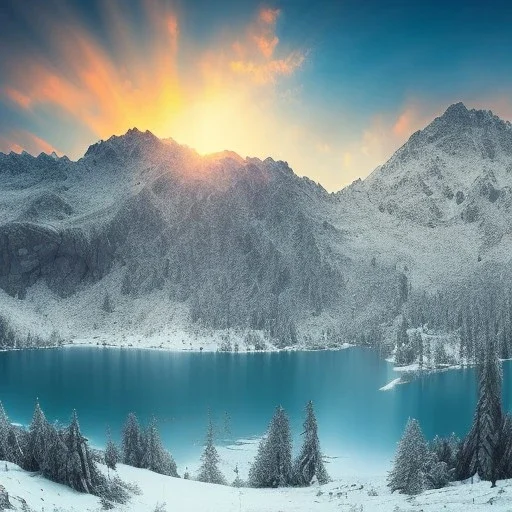 turqoise lake in mountains, snow and lights, golden hour