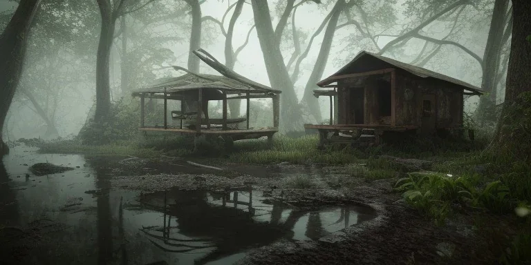 hut abandoned inner between moutain, long exposure photography, swamp, water, glass, fog, highly realistic, highly detailed, intricate, 8k