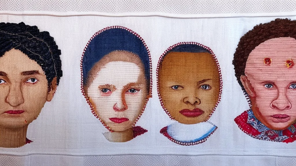 Make a Wide Fabric Panel of embroidery of 5 portraits, sew with threads, tapestry