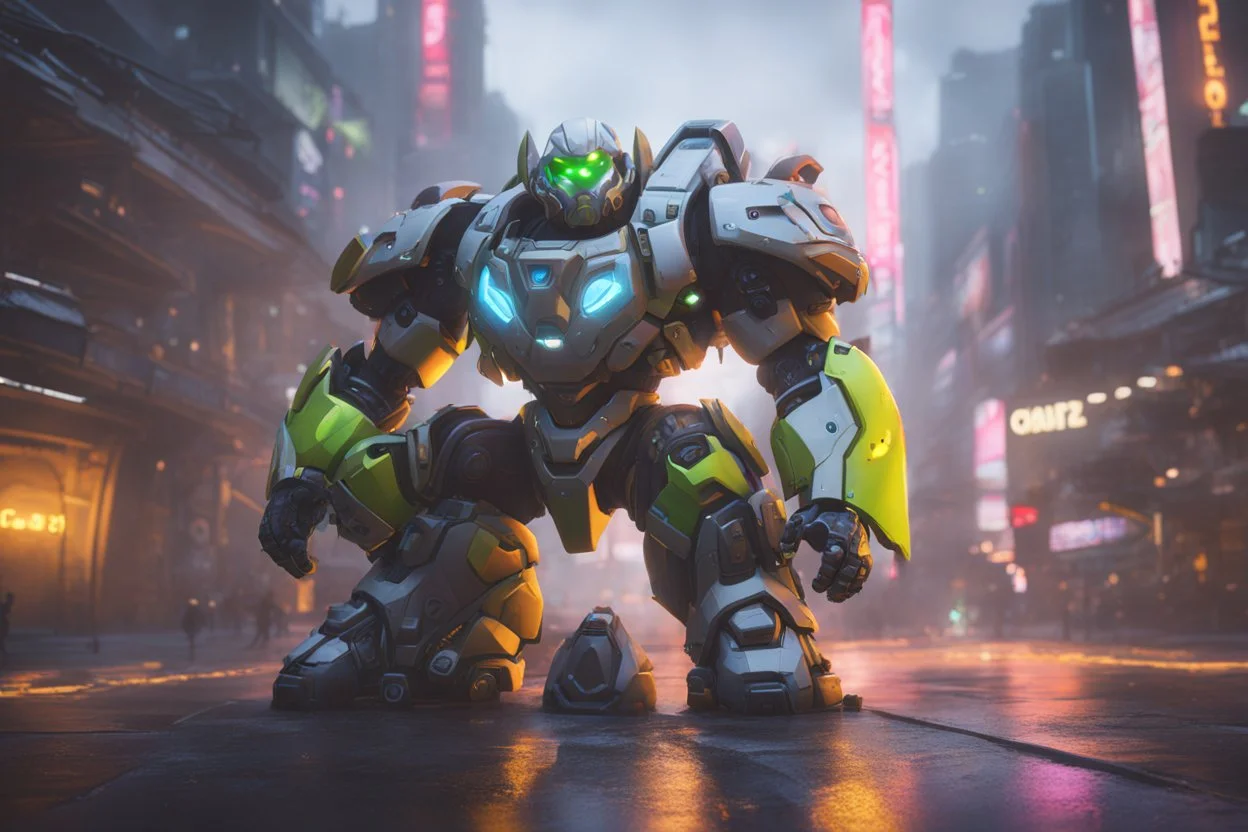 orisa in 8k anime cgi artstyle, overwatch them, neon effect, close picture, rain, apocalypse, intricate details, highly detailed, high details, detailed portrait, masterpiece,ultra detailed, ultra quality