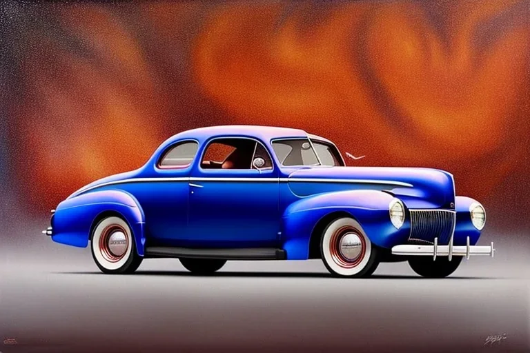 a true-to-life 1940 ford coupe hotrod, two-tone paintwork, classic hotrod wheels, pen and color marker, centered, intricate, extreme detailed, photorealism, center view, 1950s drive-in background, pivot on ford, painting by cheryl kelley