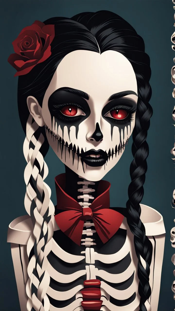 illustration of a vampire girl with paper bones and glass skin, highly detailed dark black hair in a single long braid