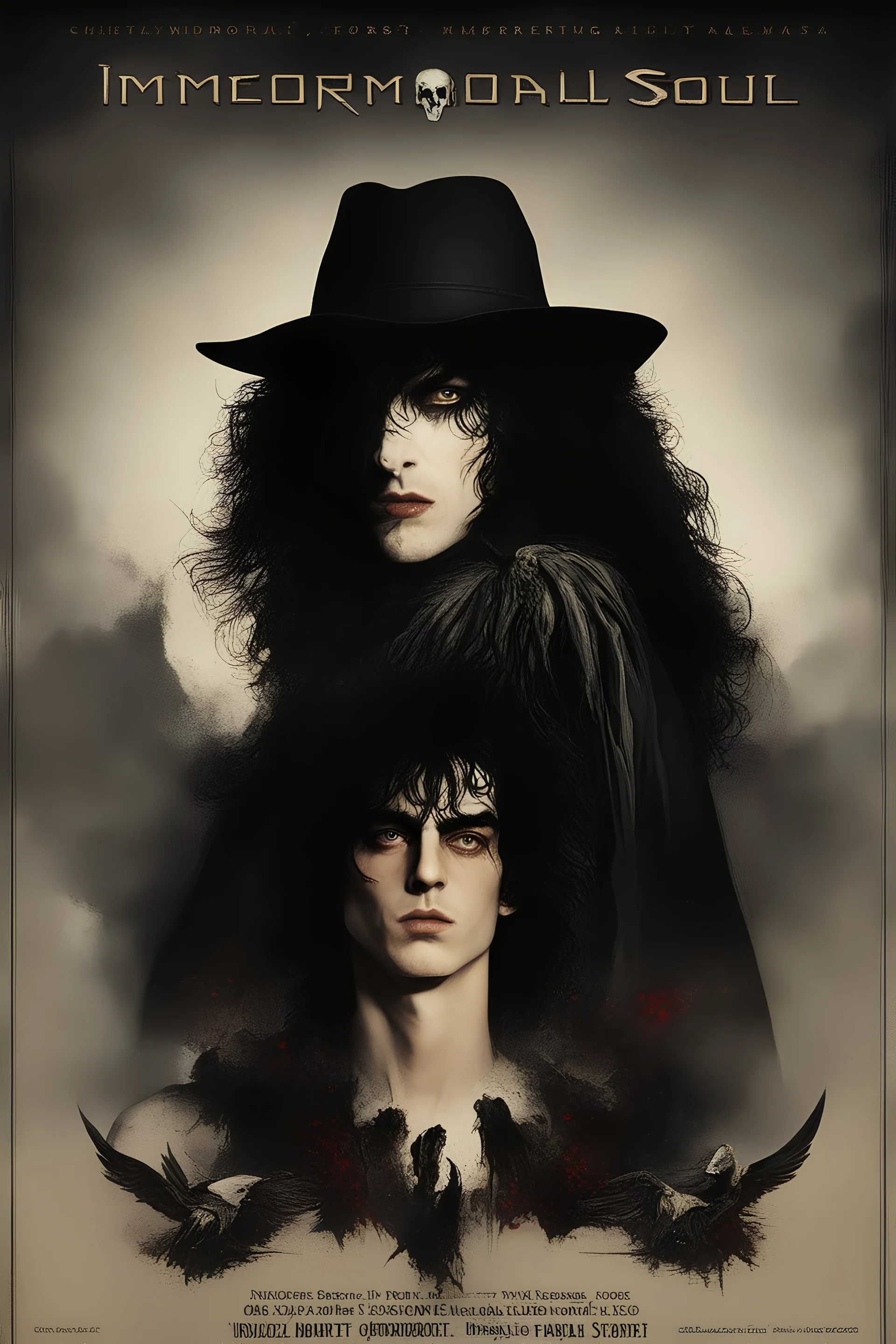 Movie Poster -- "Immortal Soul," Starring Paul Stanley as the evil vampire and Timothee Chalamet as Malcolm Stark - After witnessing the murder of his wife, at the hands of an evil vampire, he vows to avenge her death - in the art style of Boris Vallejo, Frank Frazetta, Julie bell, Caravaggio, Rembrandt, Michelangelo, Picasso, Gilbert Stuart, Gerald Brom, Thomas Kinkade, Neal Adams, Jim Lee, Sanjulian, Thomas Kinkade, Jim Lee,