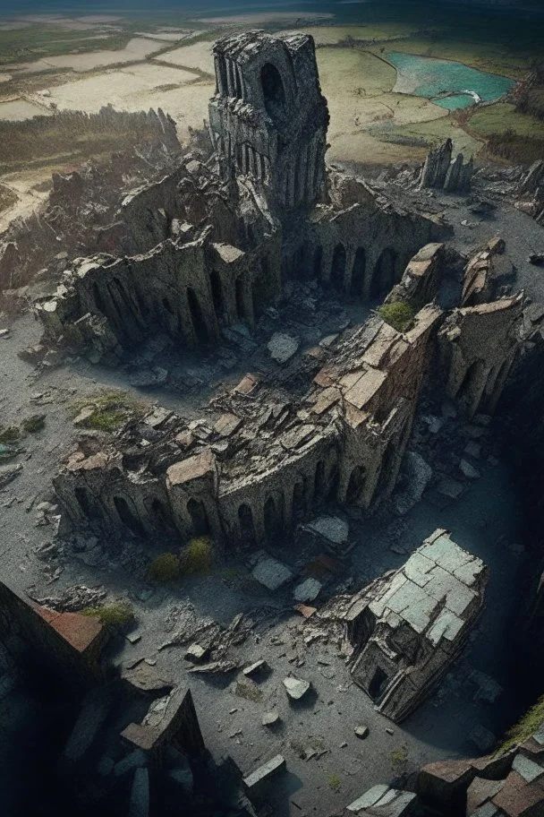 Destroyed City, medieval ruins, debris, stone, breched, brocken, Perspektiv from the sky,