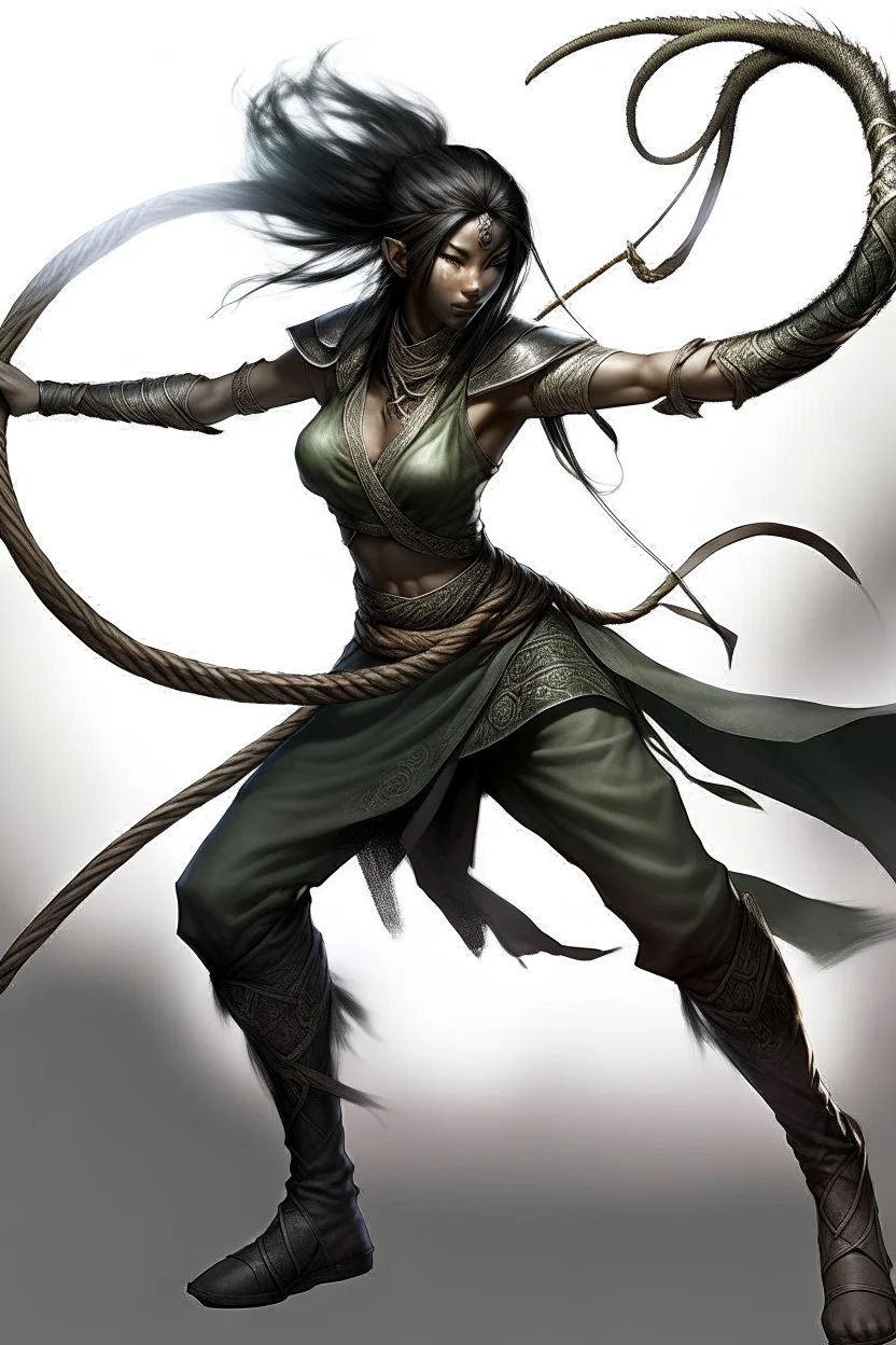 female Shadar-Kai wielding a Whip a whip made out of black thorns