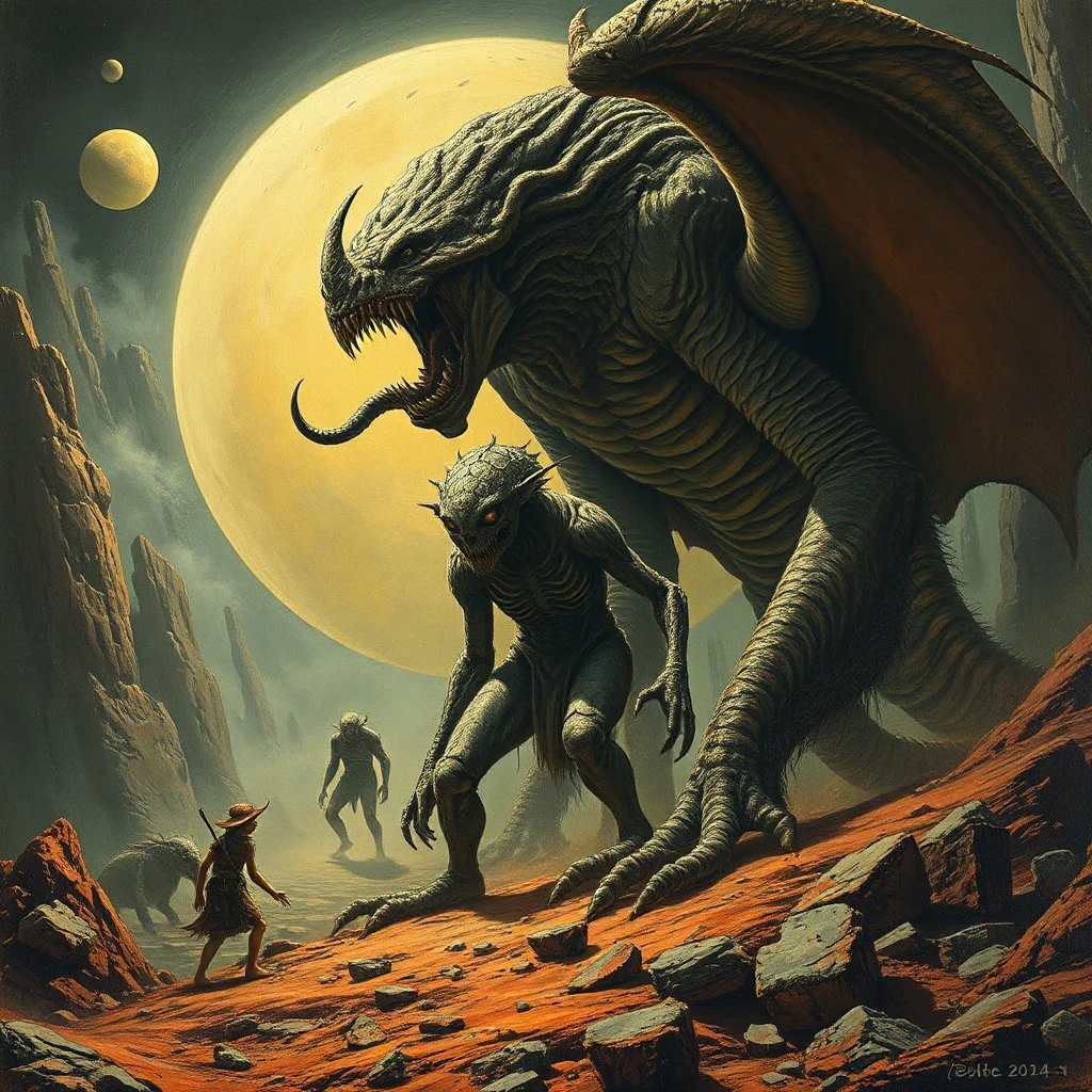 a high definition screen shot of a ancient comic book cover detailing the creatures found on other worlds, retrofuturistic, phototrealism, Macabre Rapture End of days Revelation scene, isanely detailed matte oil painting, sinner apotheosis,diagonal composition, unbalanced, abstract surreal horror, eerie, scary warm colors, Eldritch, JonKnockTurnal 2999 ufo, bilaterally