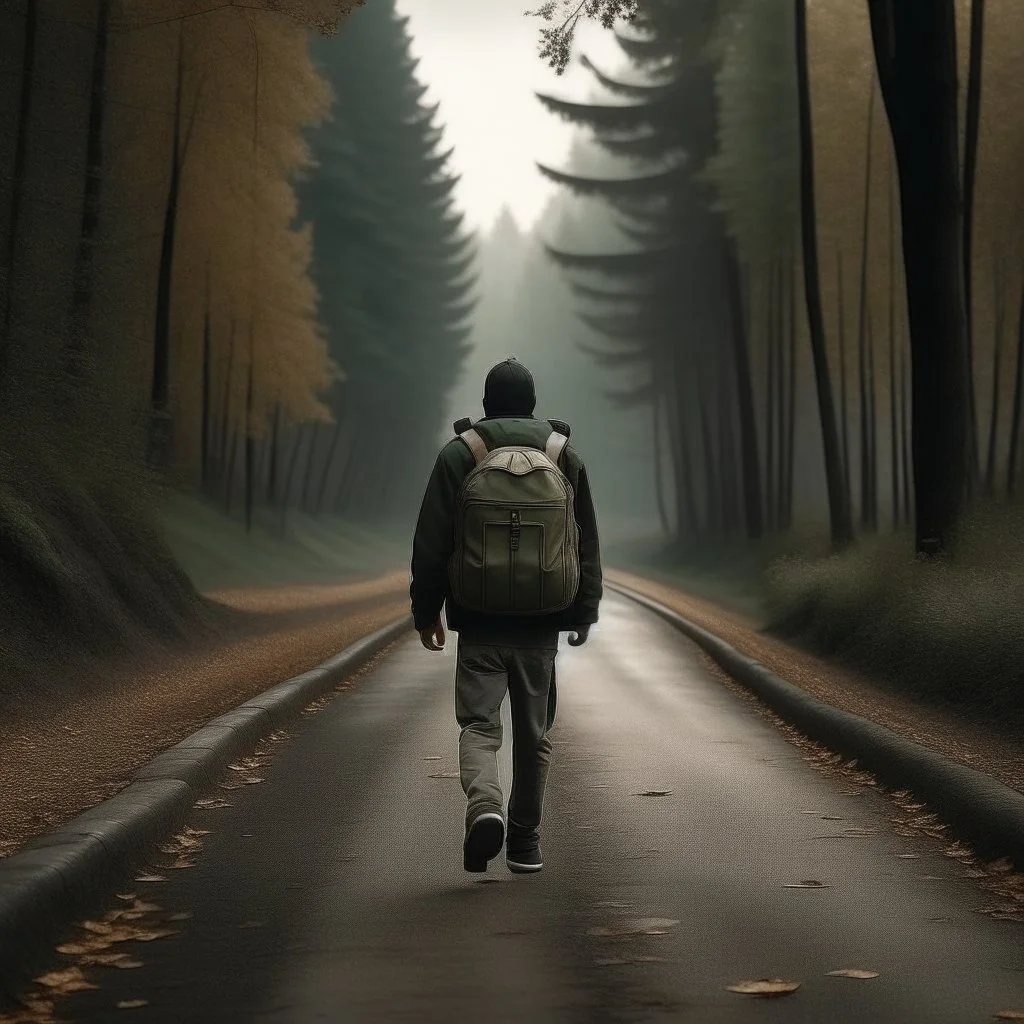 a lonely figure with a backpack, leaving a metropole, on a road, into a forest, photo quality