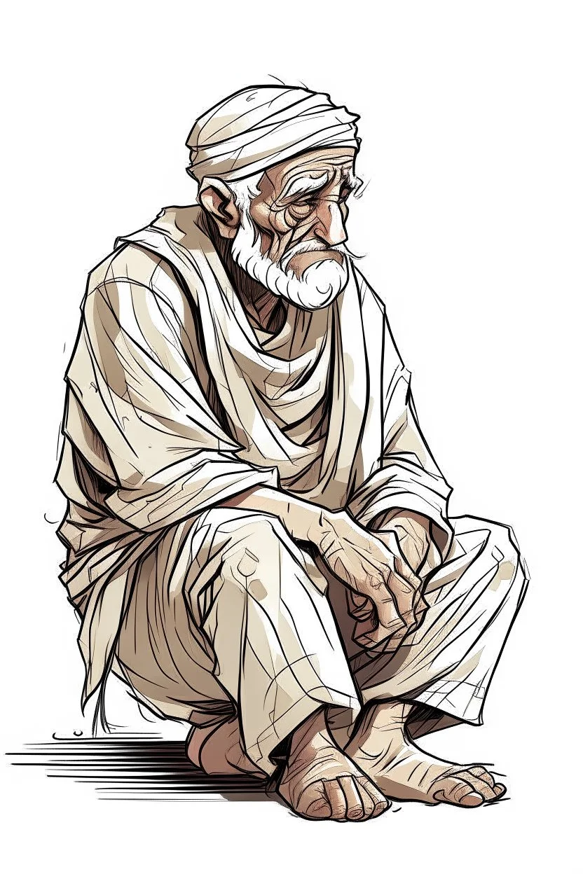 "Draw an old person wearing old traditional Arab clothes, hunched back he looks weak