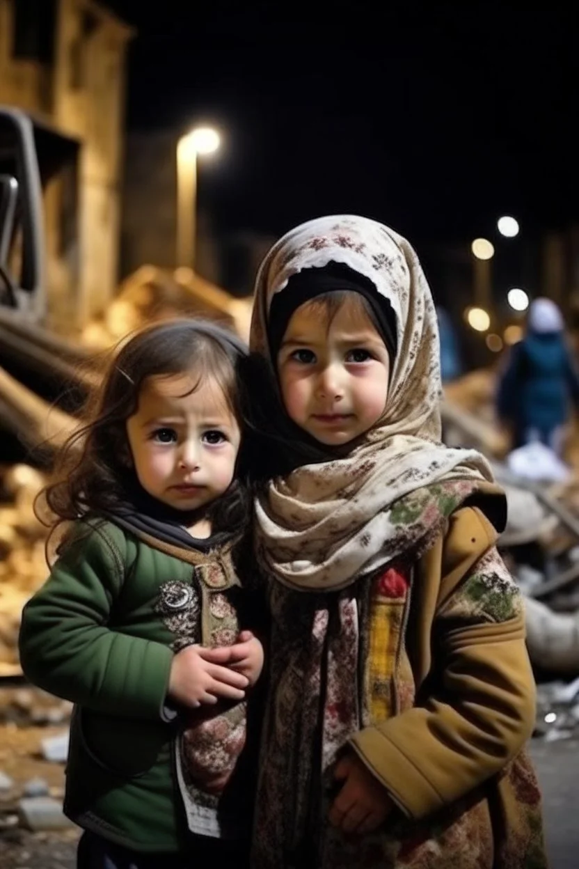 Palestinian little girl She wears the keffiyeh and the Palestinian dress Carrying a nude small child ,at winter , Destroyed Buildings , with a Explosions, at night