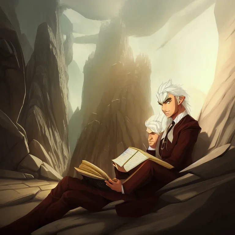 portrait of one calm elf with white hair in brown suit reading a legendary book, fantasy character art, concept art, scribble style, somber, gloomy lighting, epic perspective, trending on artstation