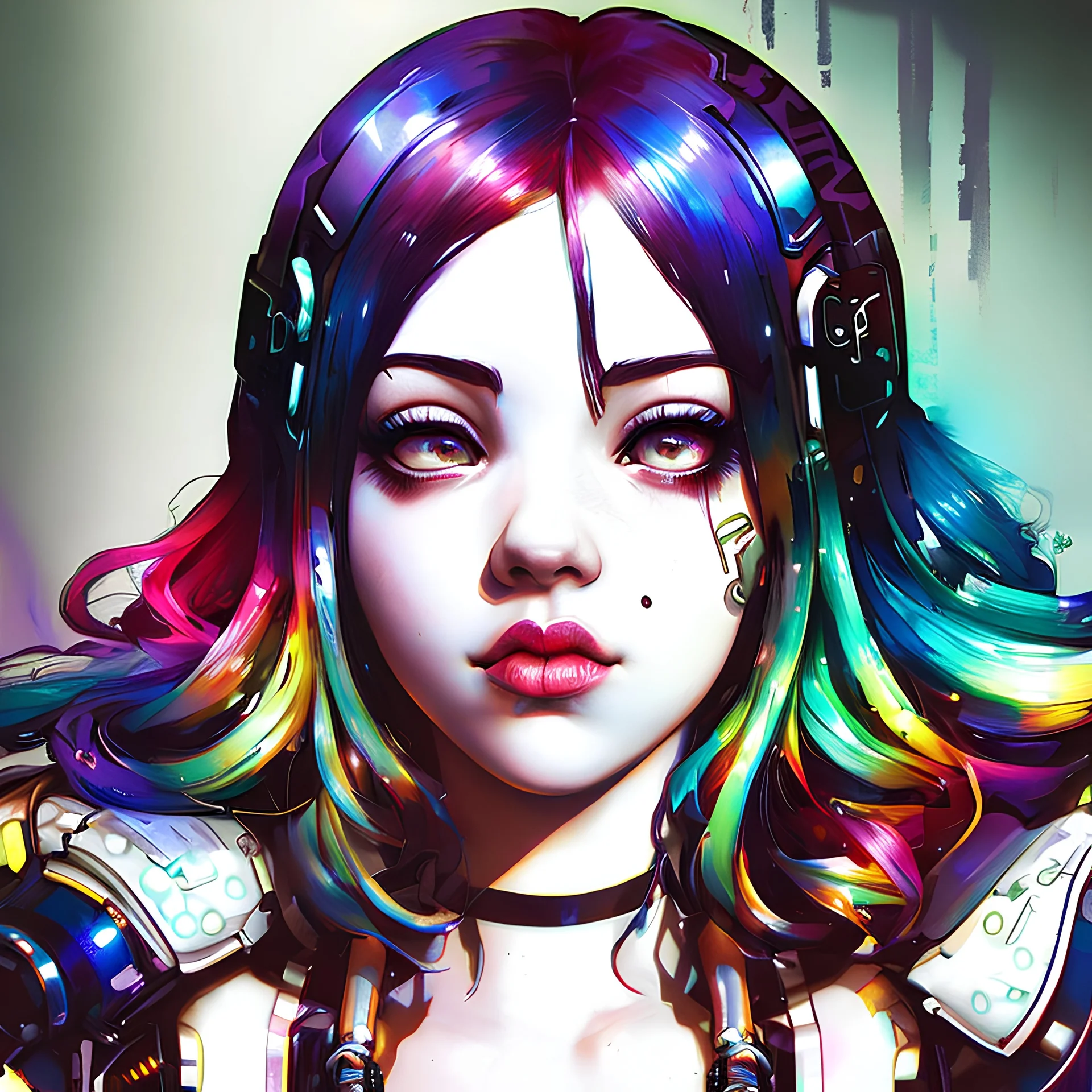 singer Melanie Martinez face, beautiful cyberpunk huge girl, hyperdetailed, illustration by Yoji Shinkawa, darkblue tones,