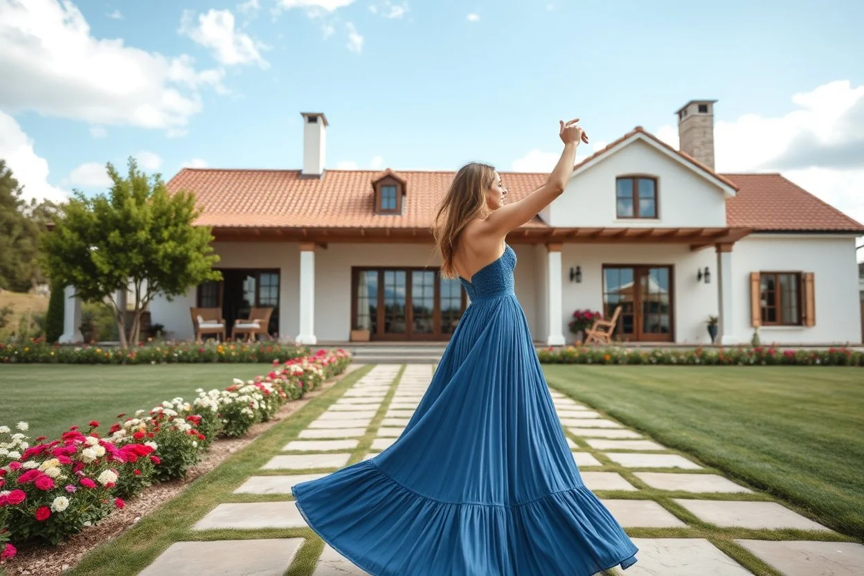 full body close up shot ,country side modern villa wide yard in front of villa ,a beautiful lady in nice long dress dancing in front of camera,flowers blue sky ,petty flophy clouds