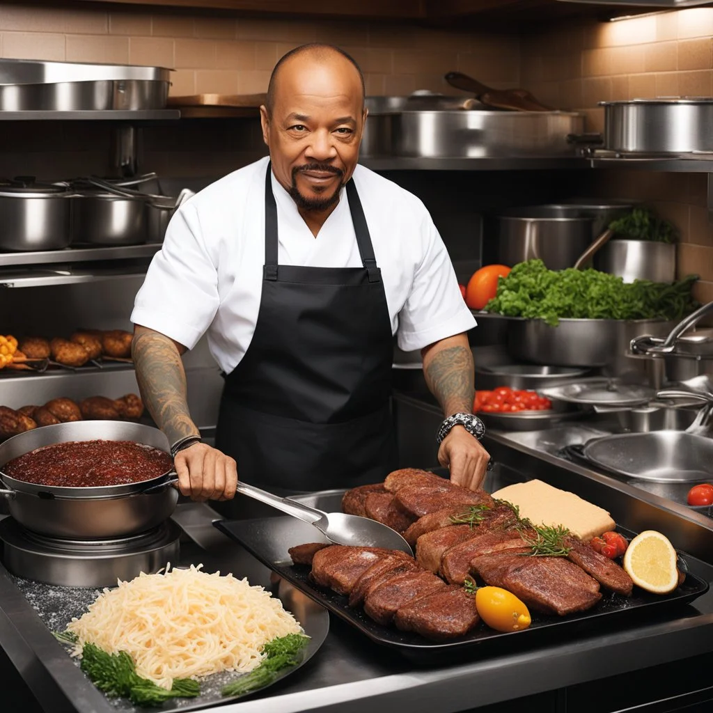 A bustling kitchen, filled with the clinking of pots and pans, the sizzle of ingredients hitting the hot pan, and the fragrant aromas wafting through the air. The Chef tattooed Ice-T from Law & Order: Special Victims Unit stands at the center of it all. Ice-T's eyes light up with excitement as they reach for a vibrant, ripe meat on ice cubes. With a quick flick of the knife, Ice-T expertly shapes slices, each petal glistening with juice. Ice-T's creative instincts kick in as they pile the meat