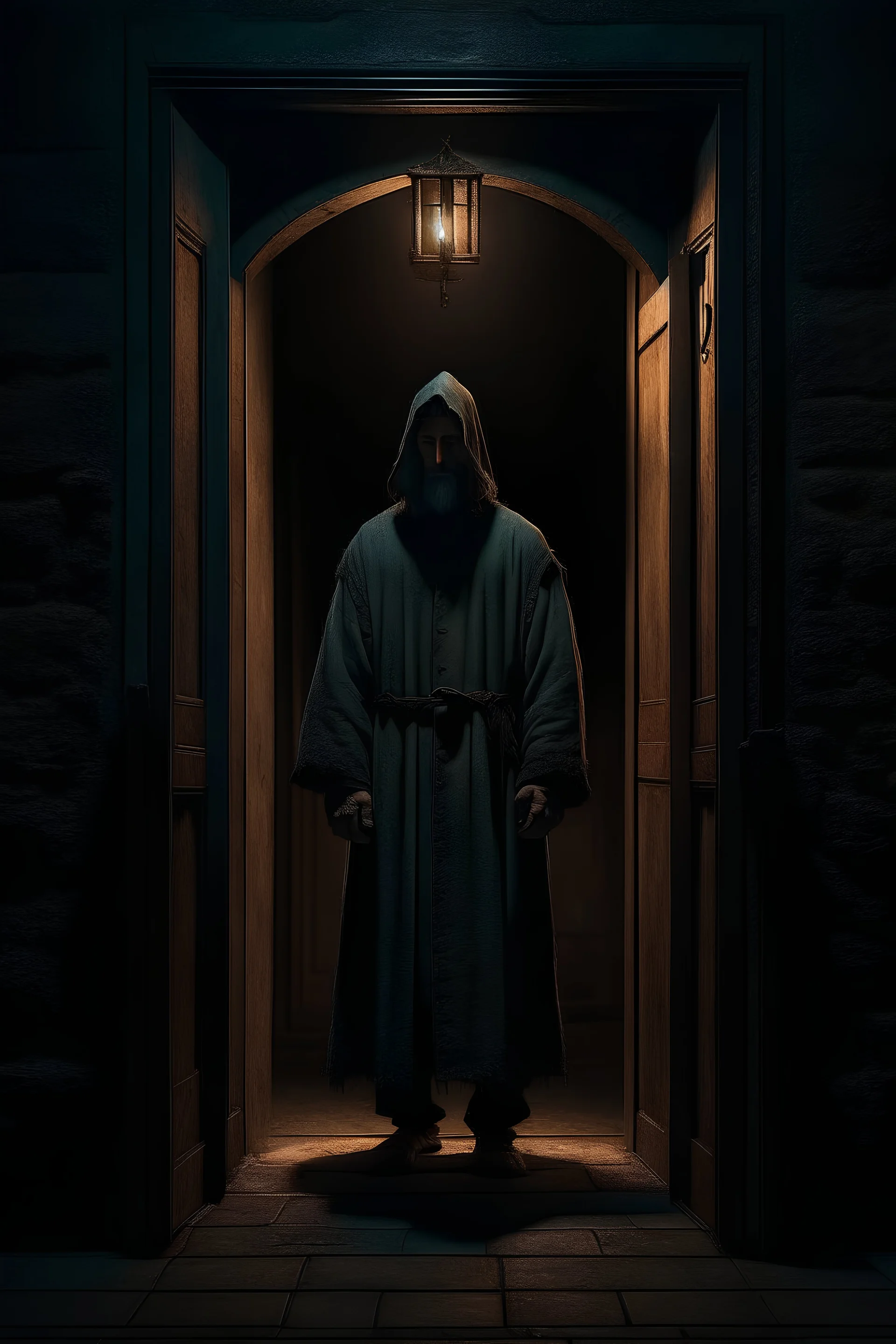 a medieval man standing in a doorway in the middle of night