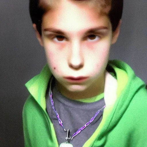 A 14-year-old white teenager with black hair and black eyes, wearing dark clothes and a green necklace.