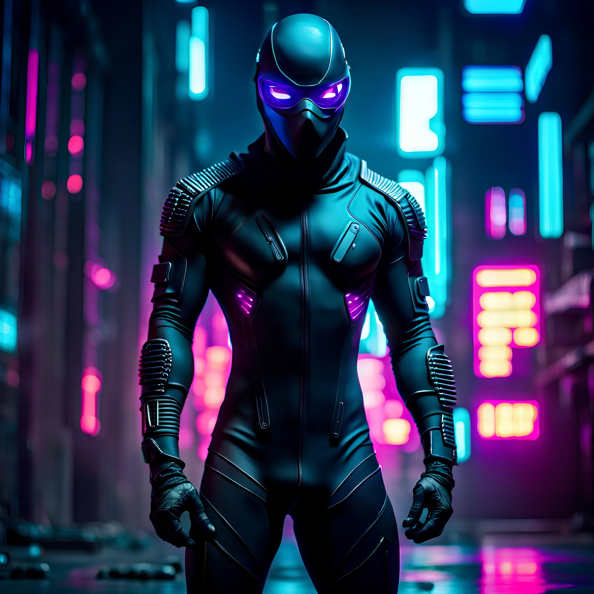 Masked male supersoldier in a tight bodysuit, stealthy, large masculine bulge, futuristic, ninja, high-tech, augmented, bionic, shadows, neon-lit, mysterious, haunting, dystopian, hidden in shadows, enigmatic, desolate, cyberpunk, eerie, post-apocalyptic background