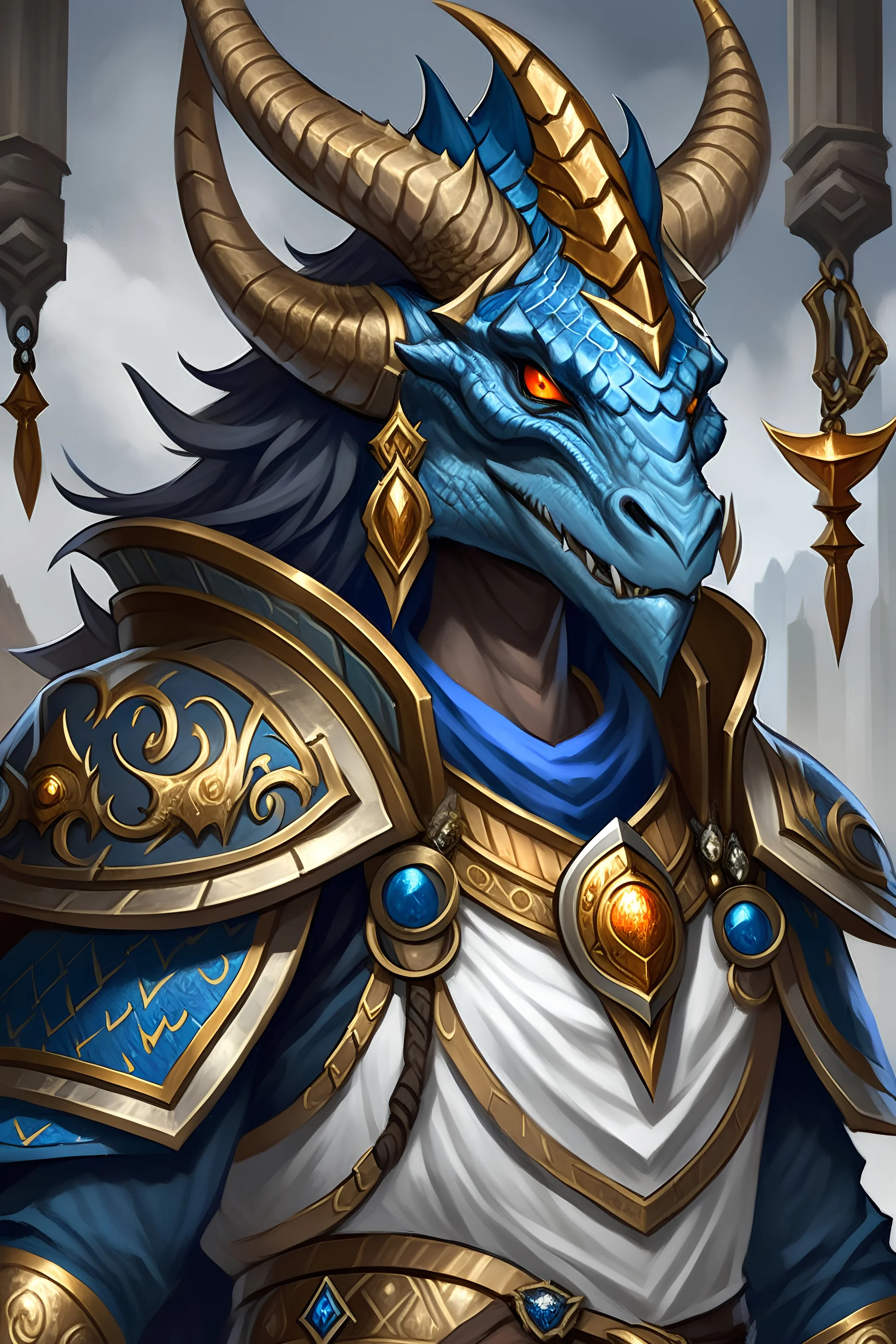 A blue-scaled dragonborn sorcerer with gold horns and blue eyes by TojotheThief