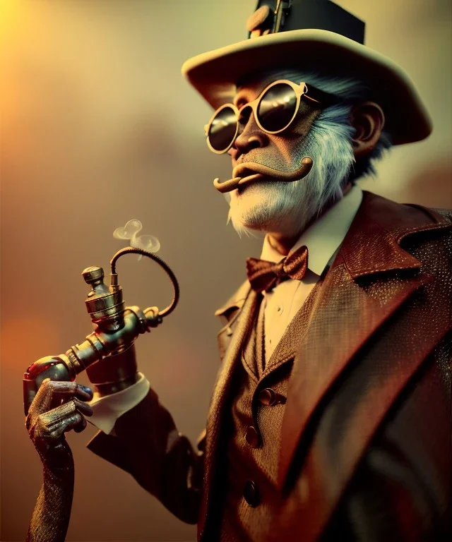 steampunk, cabaret scene. old man. little monkey, Sunglasses, rain, smoking, happy, hot. Many people background, highly detailed, concept art, unreal engine 5, god rays, ray tracing, RTX, lumen lighting, ultra detail, volumetric lighting, 3d, finely drawn, high definition, high resolution.