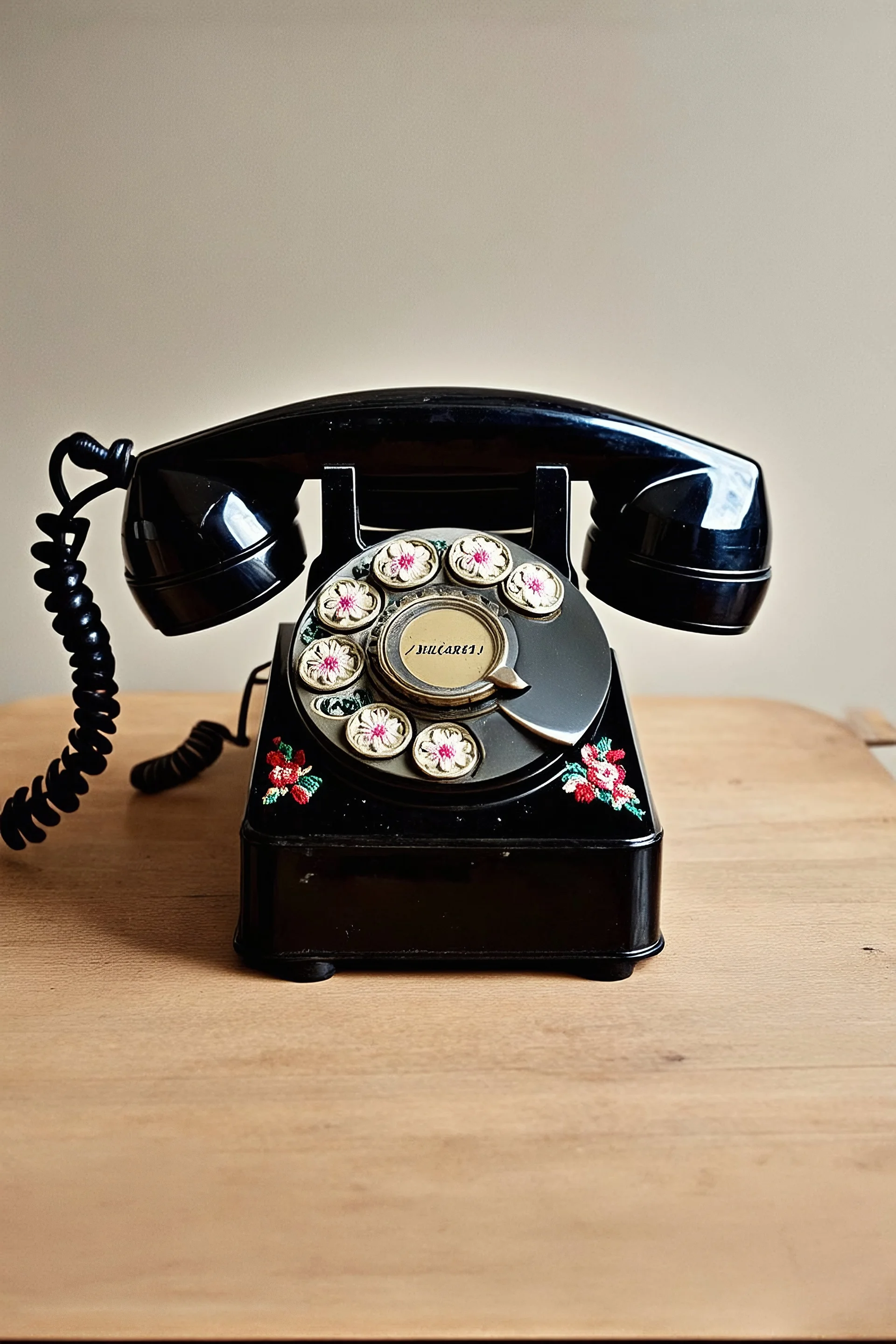 Téléphone rotatif avec des fleurs brodees, , tintype