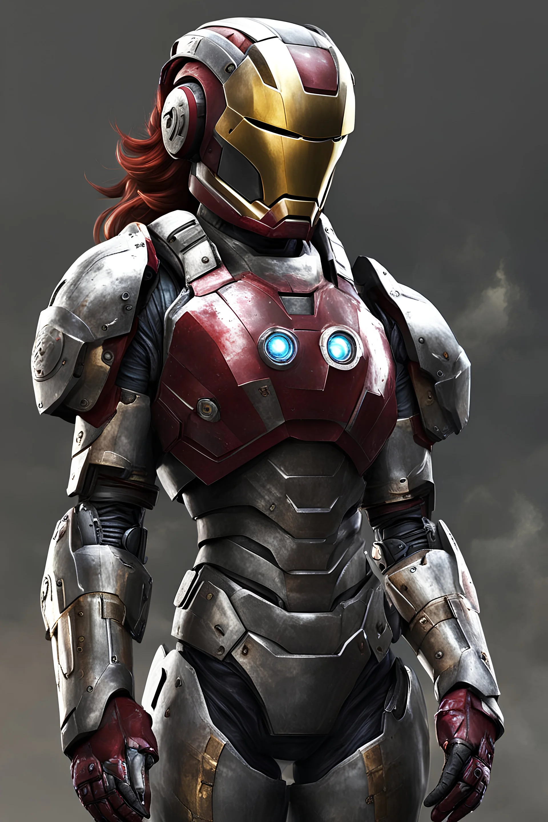 female sci-fi Power-Armor with cool helmet ironman-likeness, fallout game halo armor likeness