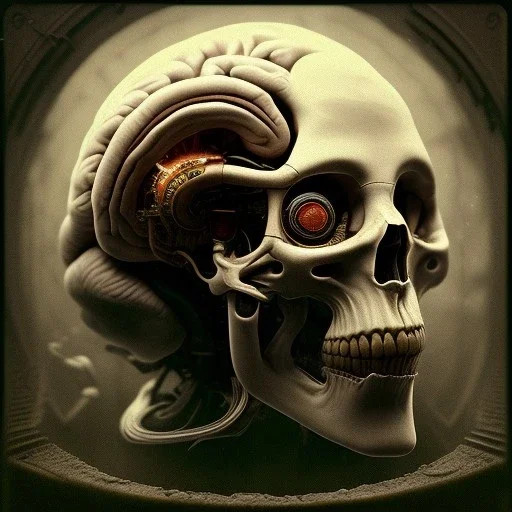 a human brain swimming in blood, steam punk, scary, horror, realistic, made in octane, cinematic, ultra-realistic, extremely detailed octane rendering, 8K, VRAY Super Real ar 2:3, dof photorealistic futuristic 50mm lens hard lighting dark gray tintype photograph, realistic lighting