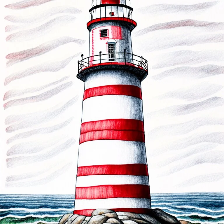 A colored pencil drawing of the red and white striped lighthouse Sletringen Lighthouse in Norway