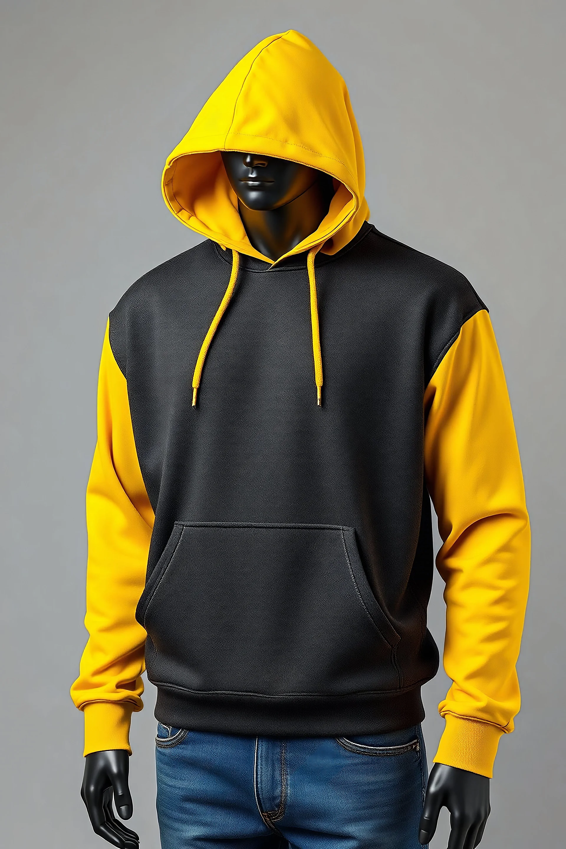 mockup yellow dark grey hoodie with mannequin, grey background, Ai generated Images