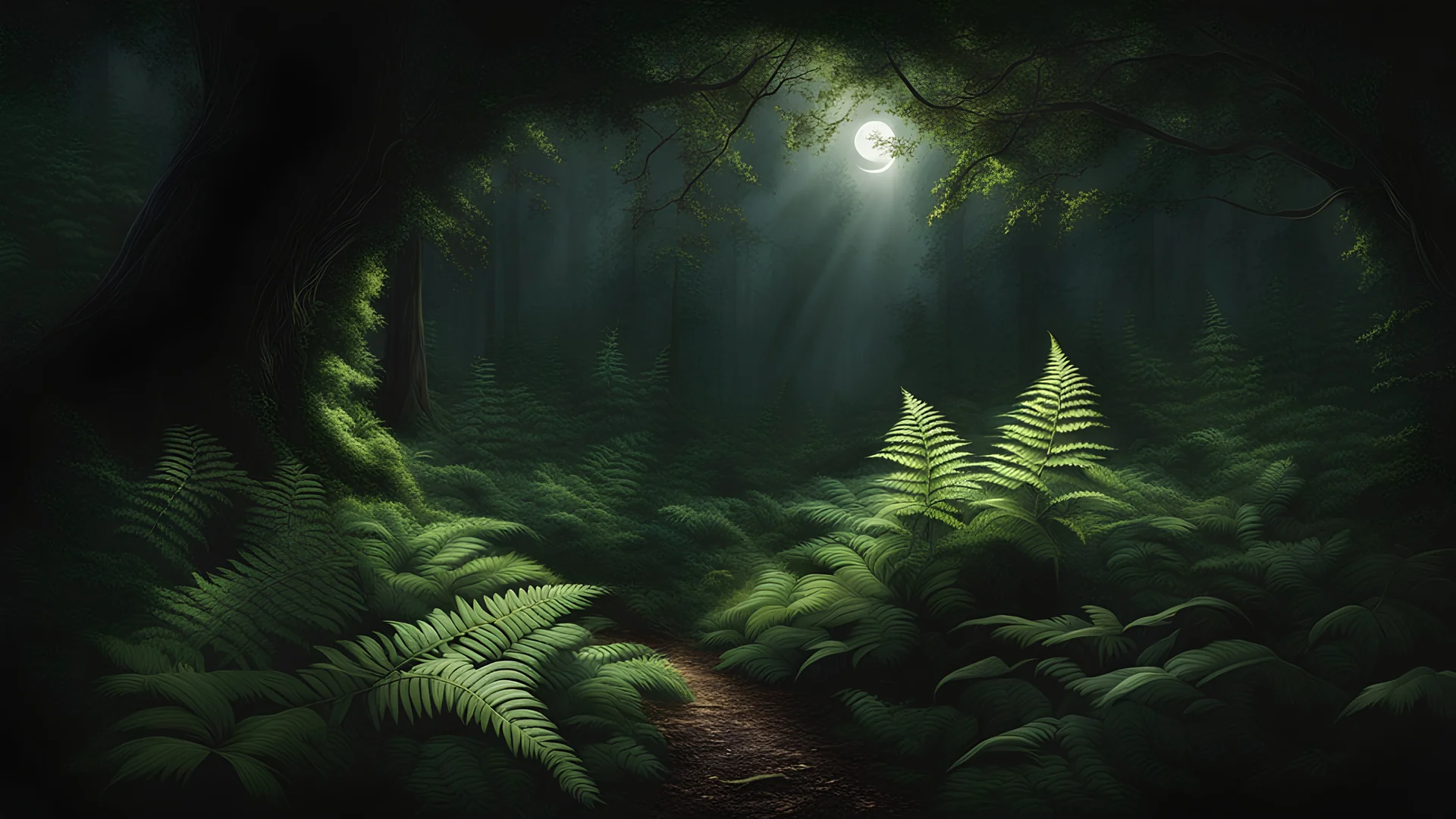 A beautifully rendered image featuring arched fern leaves nestled in a dense, dark forest. A bright light illuminates the scene, creating an ethereal atmosphere. this photorealistic depiction captures the moody and dramatic essence of a moonlit night forest, with a background of deep, lush foliage.