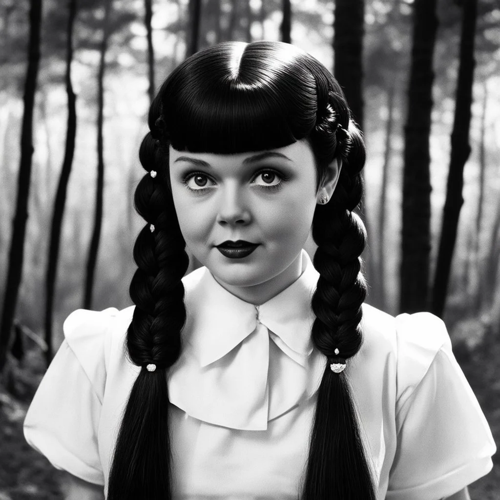 Young Actress judy garland as Wednesday addams, braids, bangs, in tge woods