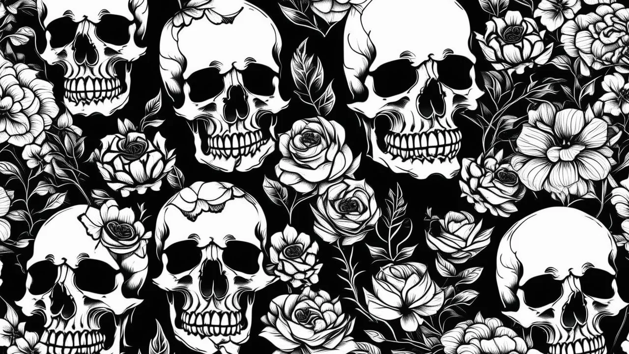 tracery of flowers and skulls, black and white, Maximum minimalism
