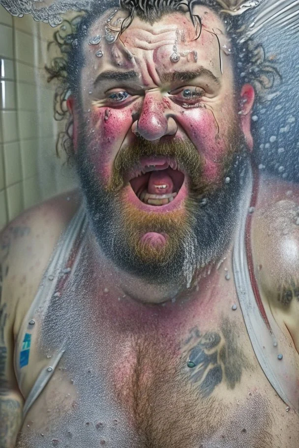 full figure shot photography of 43 years old wet sweat burly chubby very ugly italian plumber smiling under the shower , hands behind the head , manly chest , in white overalls, beard , wet, sweat, curly hairs, tattoo, big tights, photorealistic, Canon EOS, hyper-realistic, very detailed, drunk eyes, natural colours, sunlight, ambient occlusion, the light shines on wet skin