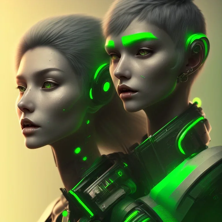 A beautiful portrait of a cute cyberpunk woman single head, wolf haircut lime green color scheme, high key lighting, volumetric light high details with a lizard alien and feathers