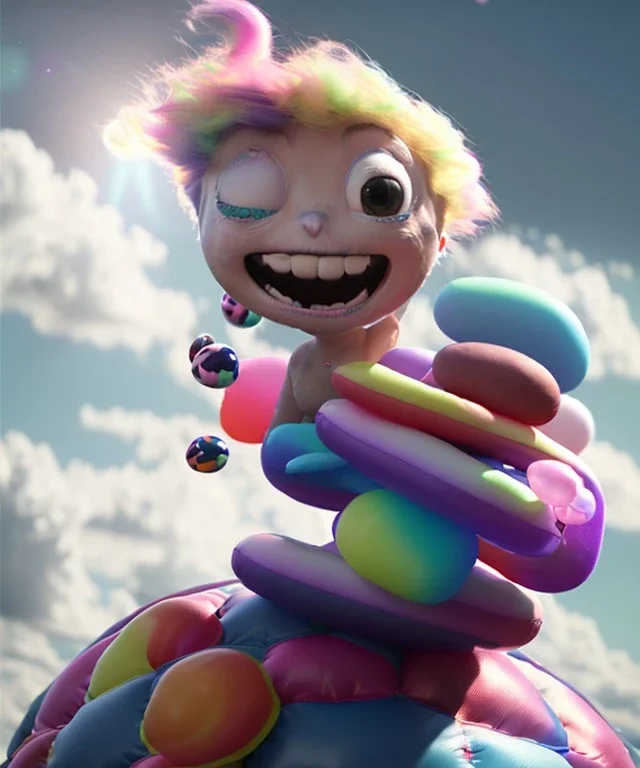 Ultra realistic speed clouds sky scene, wide angle view, sweet women falling down, inflatable color clothing, free jumping flying, many trinkets, hair monster, many jelly beans, balls, color smoke, smile, happy, circus style, extreme, wind, clouds sea, 20,000 feet altitude, stratosphere, soft color, highly detailed, unreal engine 5, ray tracing, RTX, lumen lighting, ultra detail, volumetric lighting, 3d, finely drawn, high definition, high resolution.