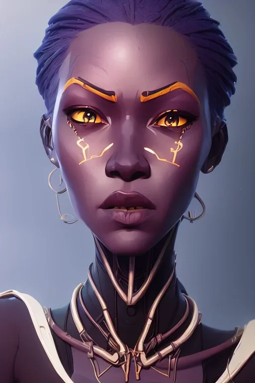 portrait,beautiful african robotic sirene, post-apocalyptic in a cyberpunk city, realistic, intriacte detail, sci-fi fantasy style, volumetric lighting, particales,highly detailed,cinematic, deep blue.